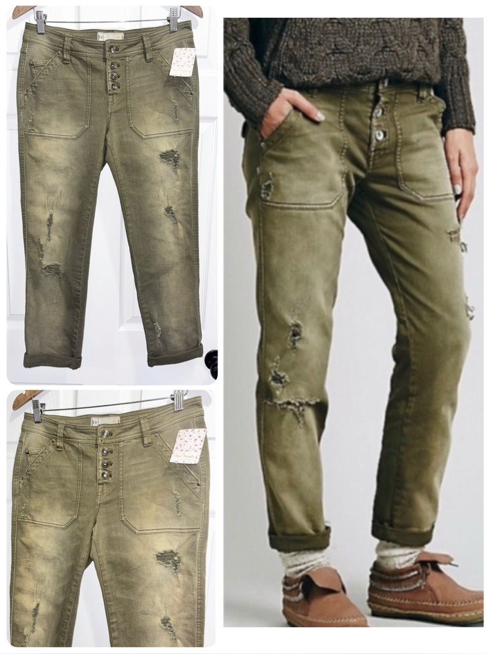 NWT Free People Mountaineer Distressed Roll Cuff Jeans Relaxed Fit Pants Size 2